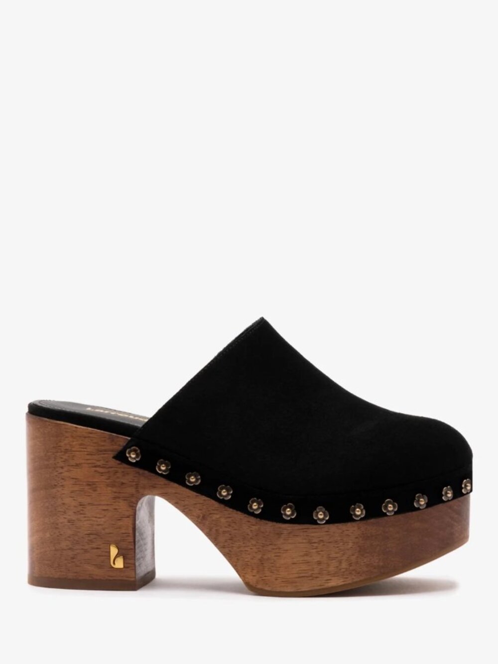 Larroude Miso Wooden Platform Clogs Black Suede Gold Block Heel Mules NWT